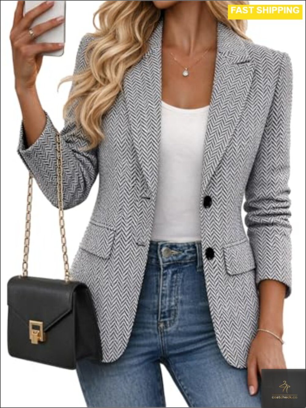 Womens Herringbone Tweed Blazer Notch Lapel Business Casual Suit Jacket